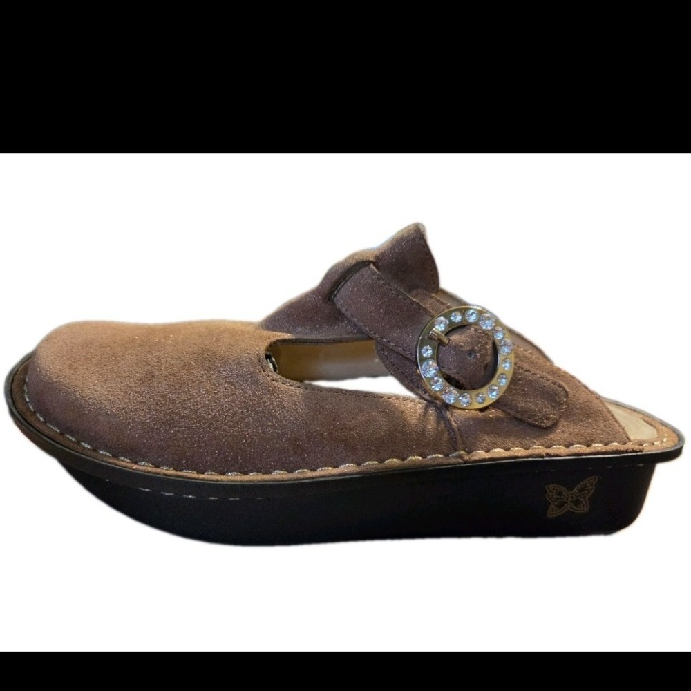 Alegria PG Lite Bronze Metallic Leather Mules Clogs Rhinestone Buckle Size 38
